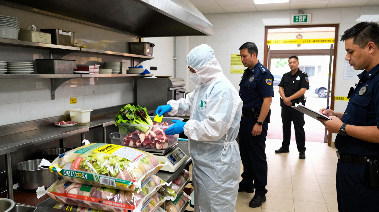 Pessoa com equipamento de proteção a pesar alimentos, com três polícias a observar numa cozinha industrial.