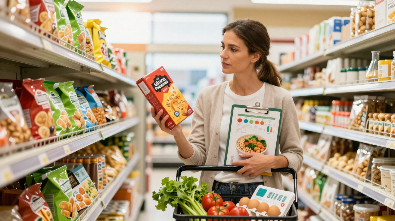 Mulher a fazer compras em supermercado, segurando caixa de massa sem glúten e carrinho com legumes e ovos.
