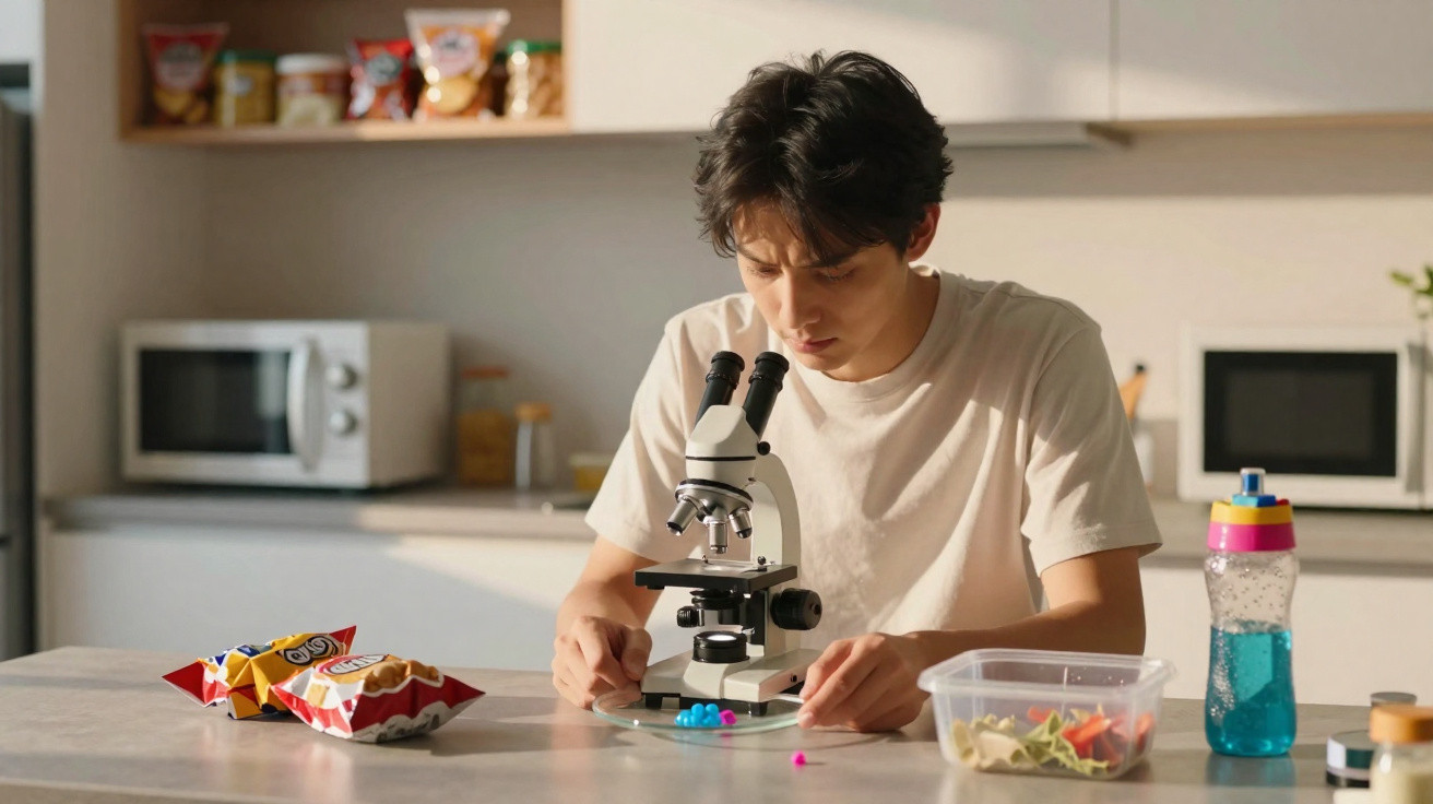 Jovem estuda amostras coloridas ao microscópio numa cozinha moderna com snacks e bebida ao lado.