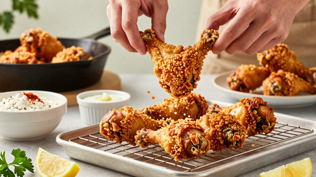 Mãos a segurar coxa de frango frito crocante sobre tabuleiro com outras coxas e molhos ao lado.