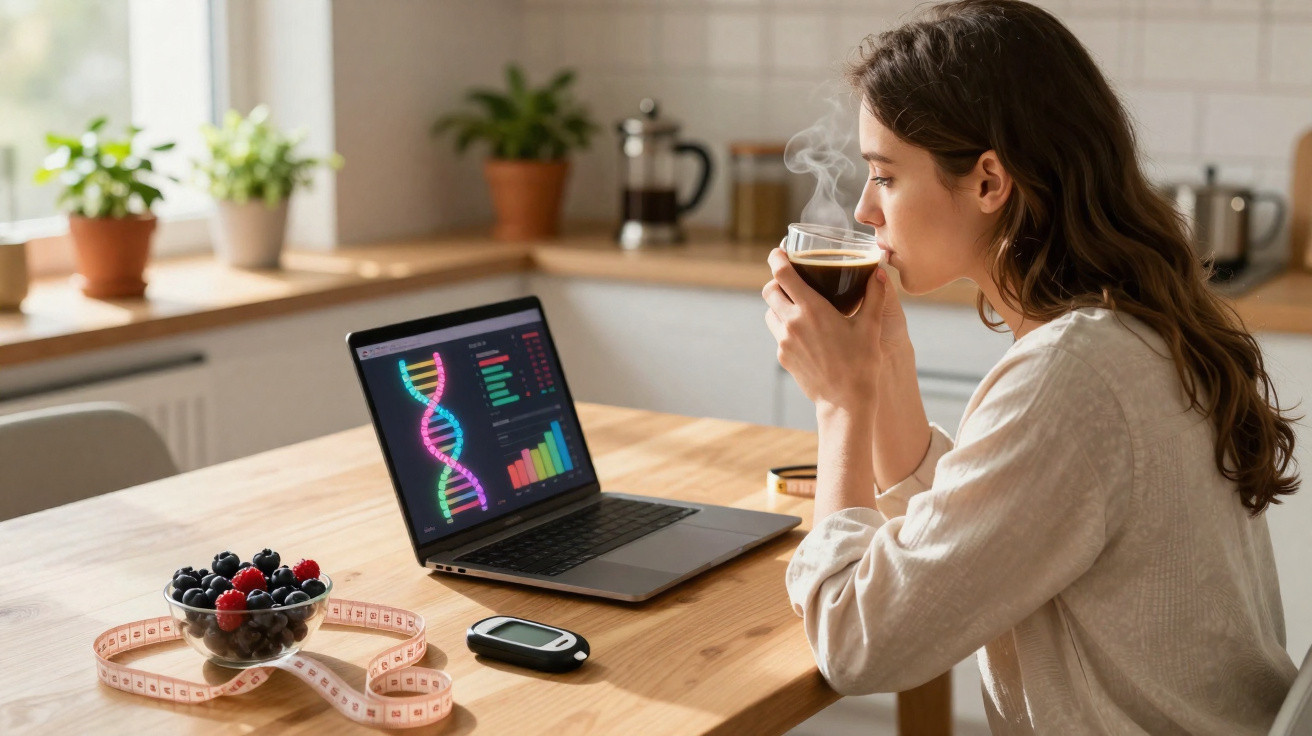 Mulher a beber café enquanto vê dados genéticos num computador portátil numa cozinha iluminada.