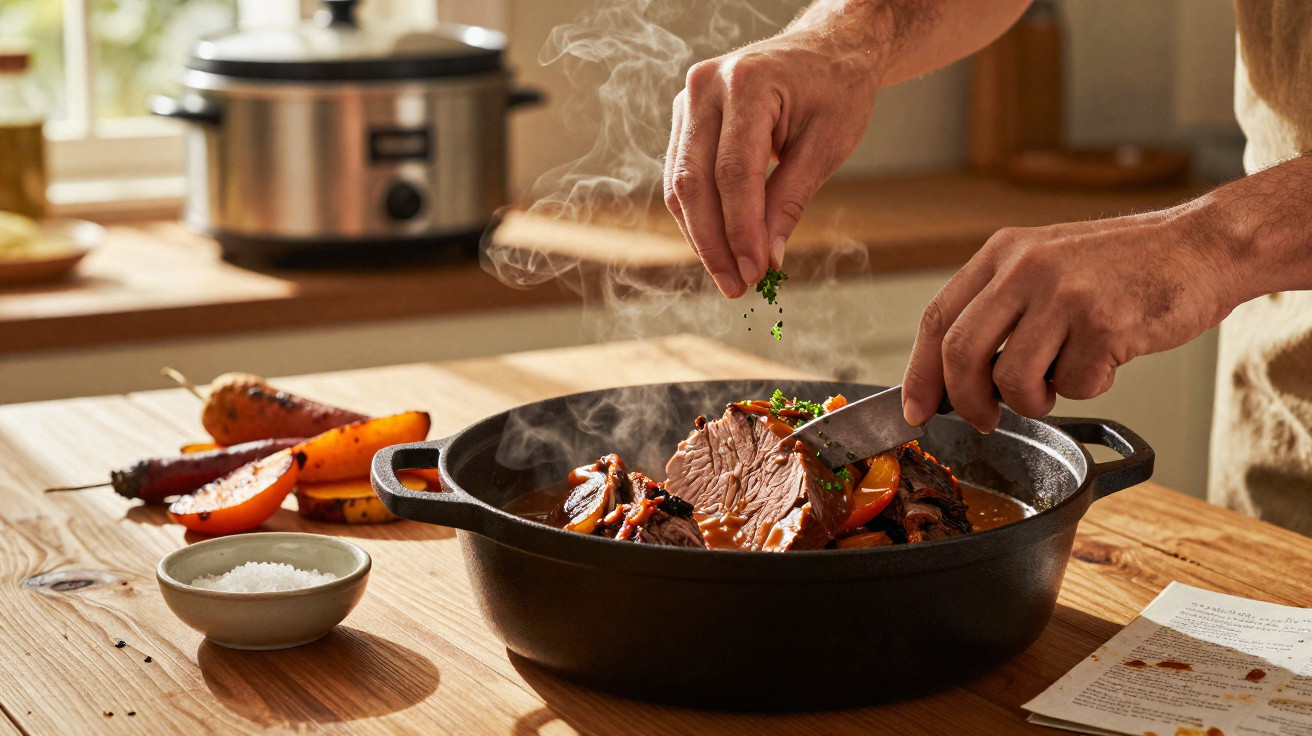 Mãos polvilham ervas numa carne fumegante num prato com legumes, ao lado de uma taça de sal e legumes assados.