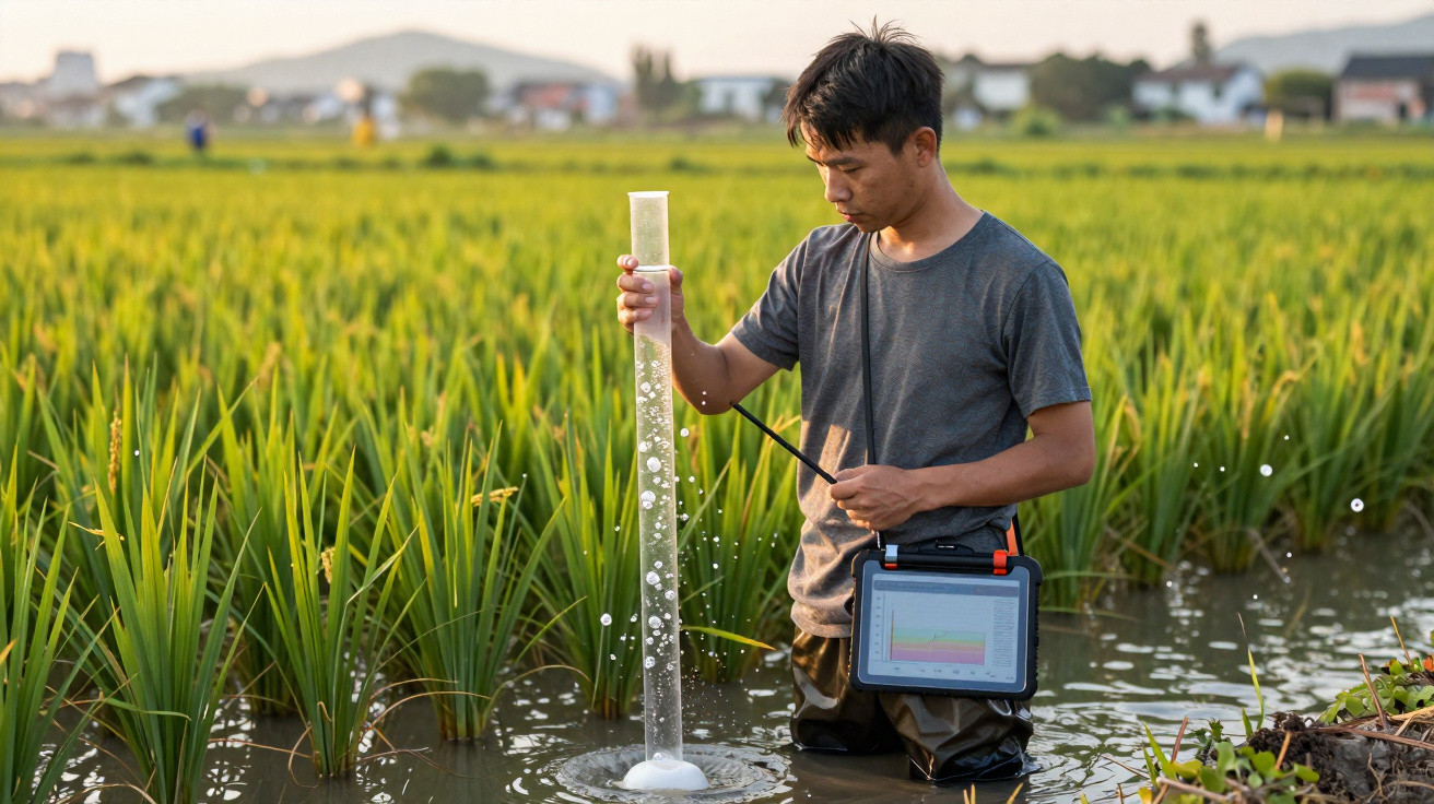 Homem a medir a qualidade da água numa plantação de arroz inundada ao pôr do sol.