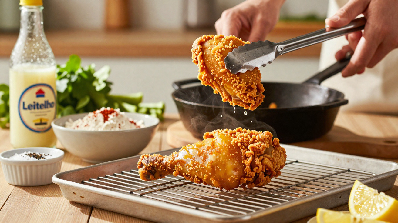 Pernas de frango frito crocante sendo retiradas de frigideira com garras metálicas numa grelha metálica.