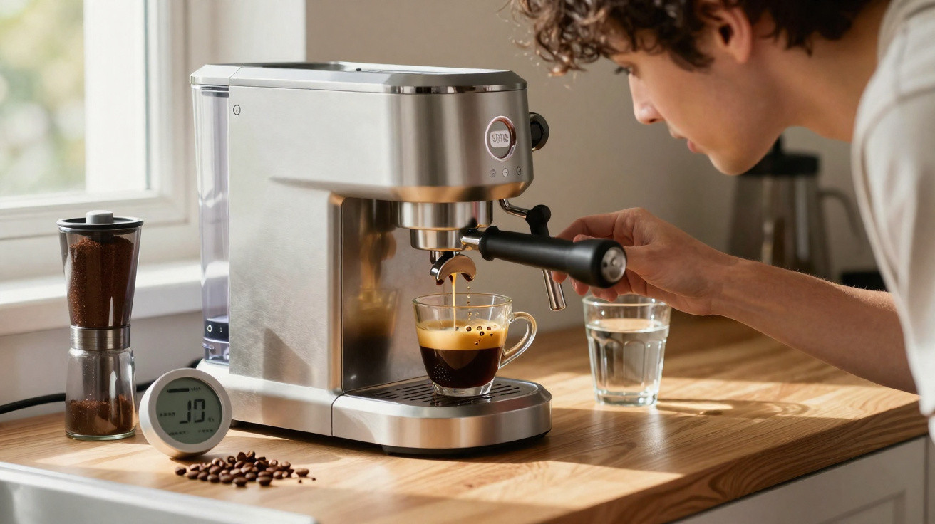 Máquina de café espresso a preparar café numa chávena de vidro numa cozinha luminosa.
