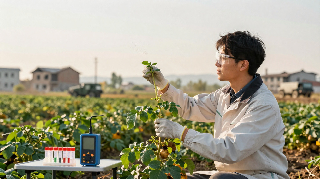 Cientista agrícola a examinar planta numa horta com equipamento de laboratório numa mesa ao lado.