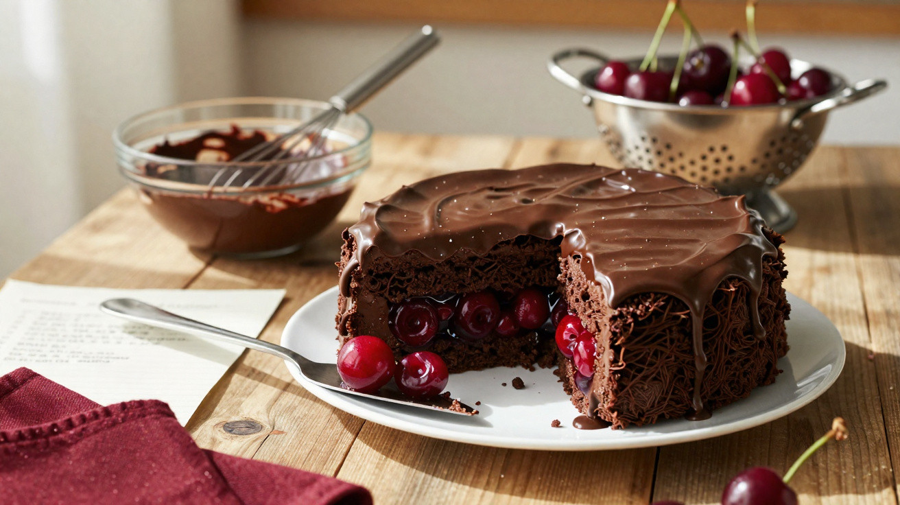 Bolo de chocolate com cobertura derretida e recheio de cerejas frescas, servido num prato branco.
