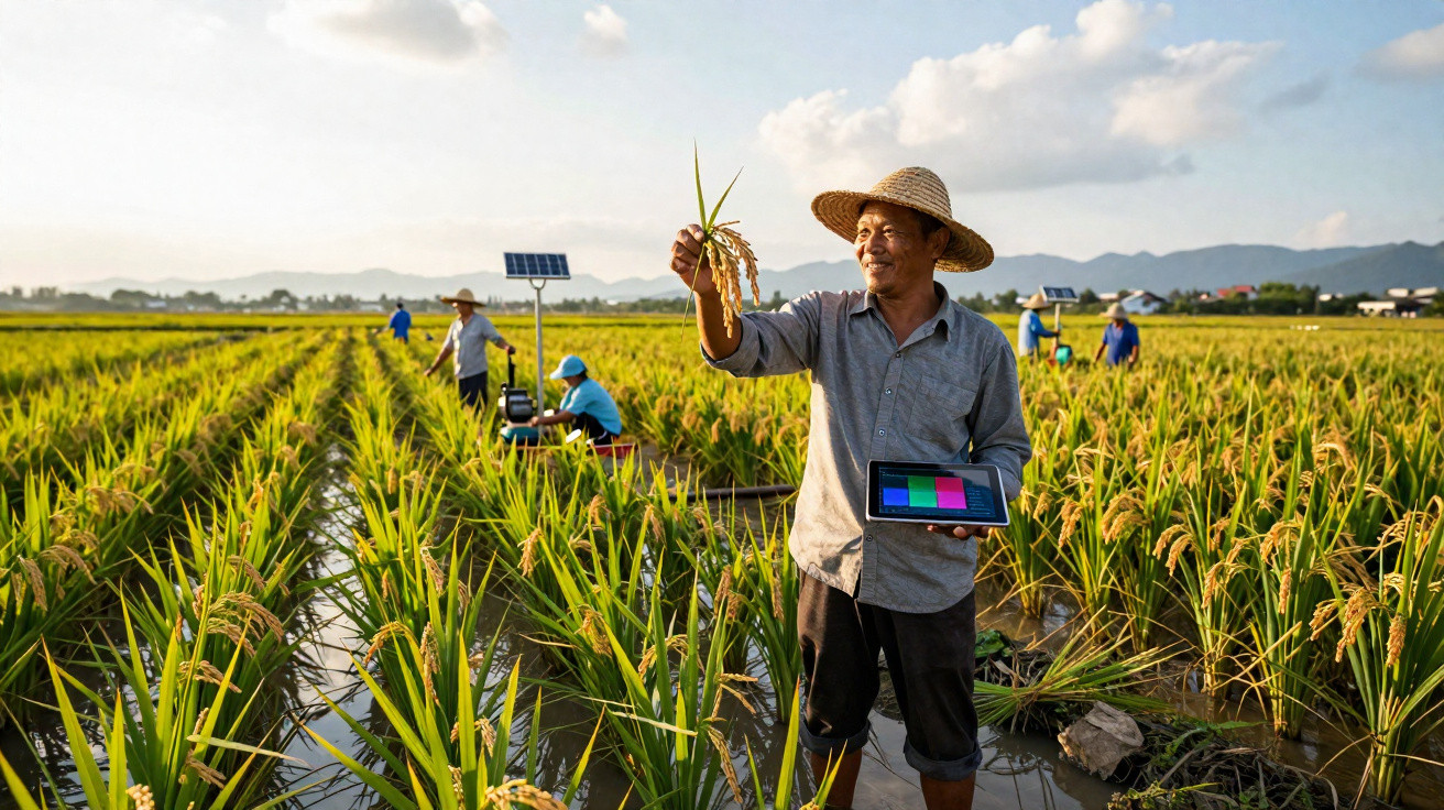 Agricultor em campo de arroz segurando planta e tablet, com colegas e equipamento solar ao fundo.