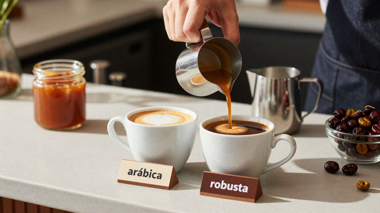 Pessoa a verter leite no café robusta ao lado de um café arábica com espumilha, ambos em chávenas brancas.