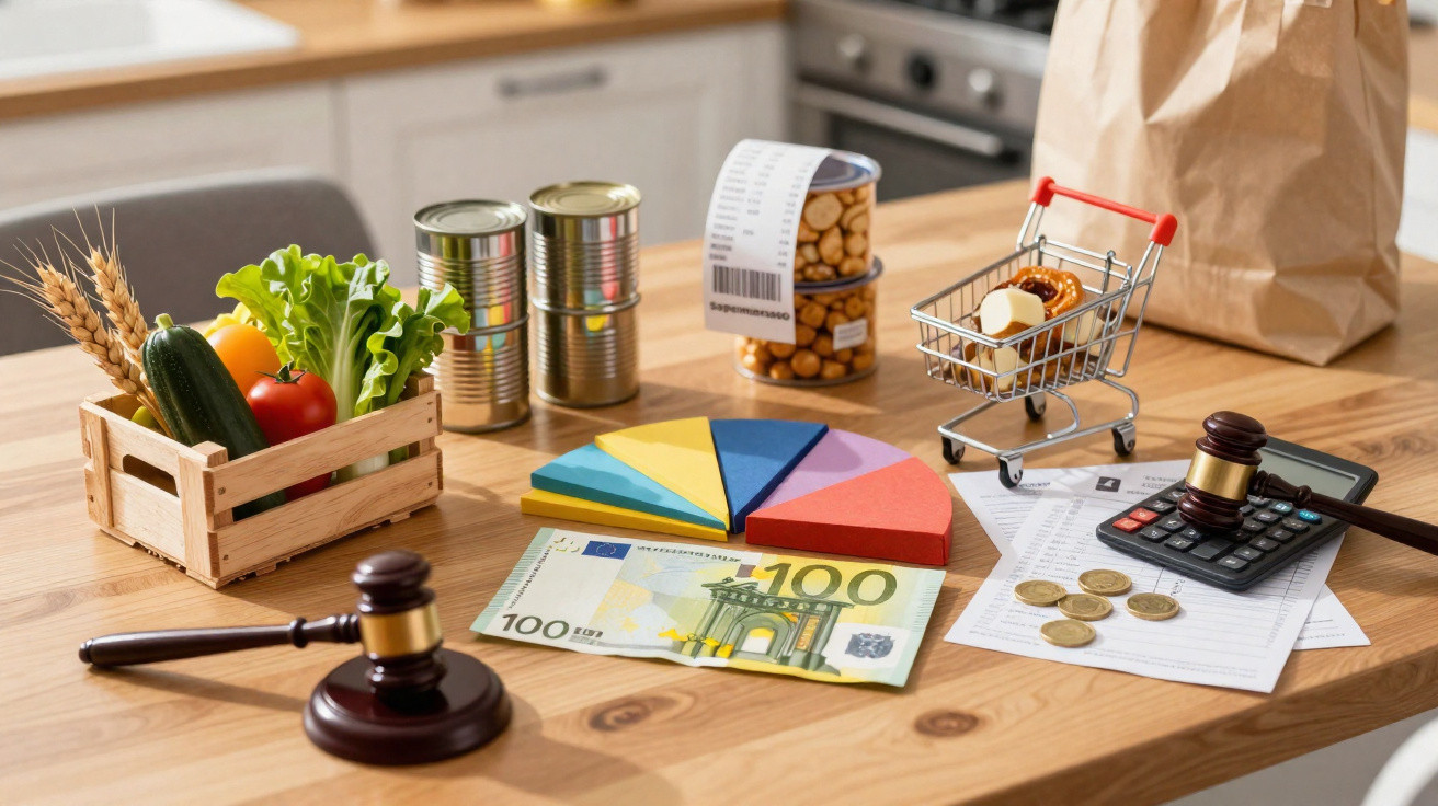 Mesa com alimentos, calculadora, notas e moedas, martelo de juiz, gráfico circular e mini carrinho de compras.