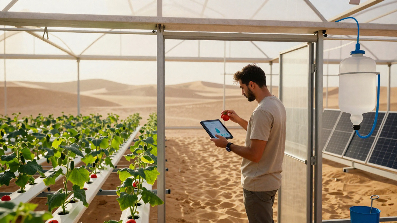 Homem a inspecionar plantações hidropónicas numa estufa no deserto com painéis solares ao fundo.