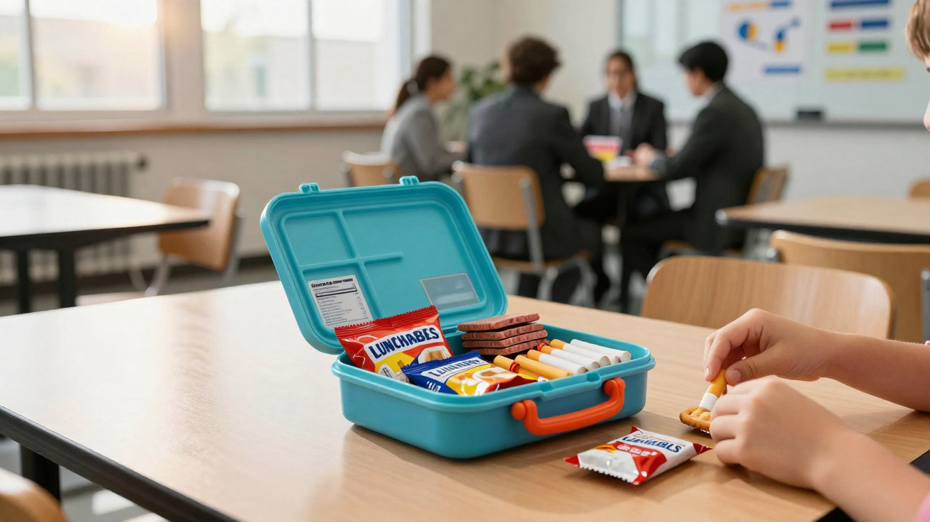 Mala azul aberta com medicamentos e snacks numa mesa, mãos de criança a preparar comprimido, sala com pessoas desfocadas.