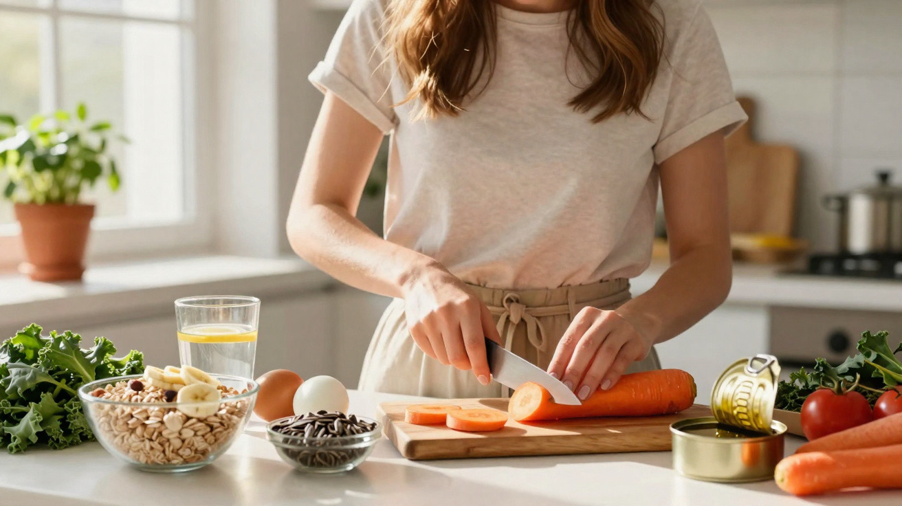 Mulher a cortar cenoura numa tábua na cozinha, com legumes e cereais à sua volta sobre o balcão.
