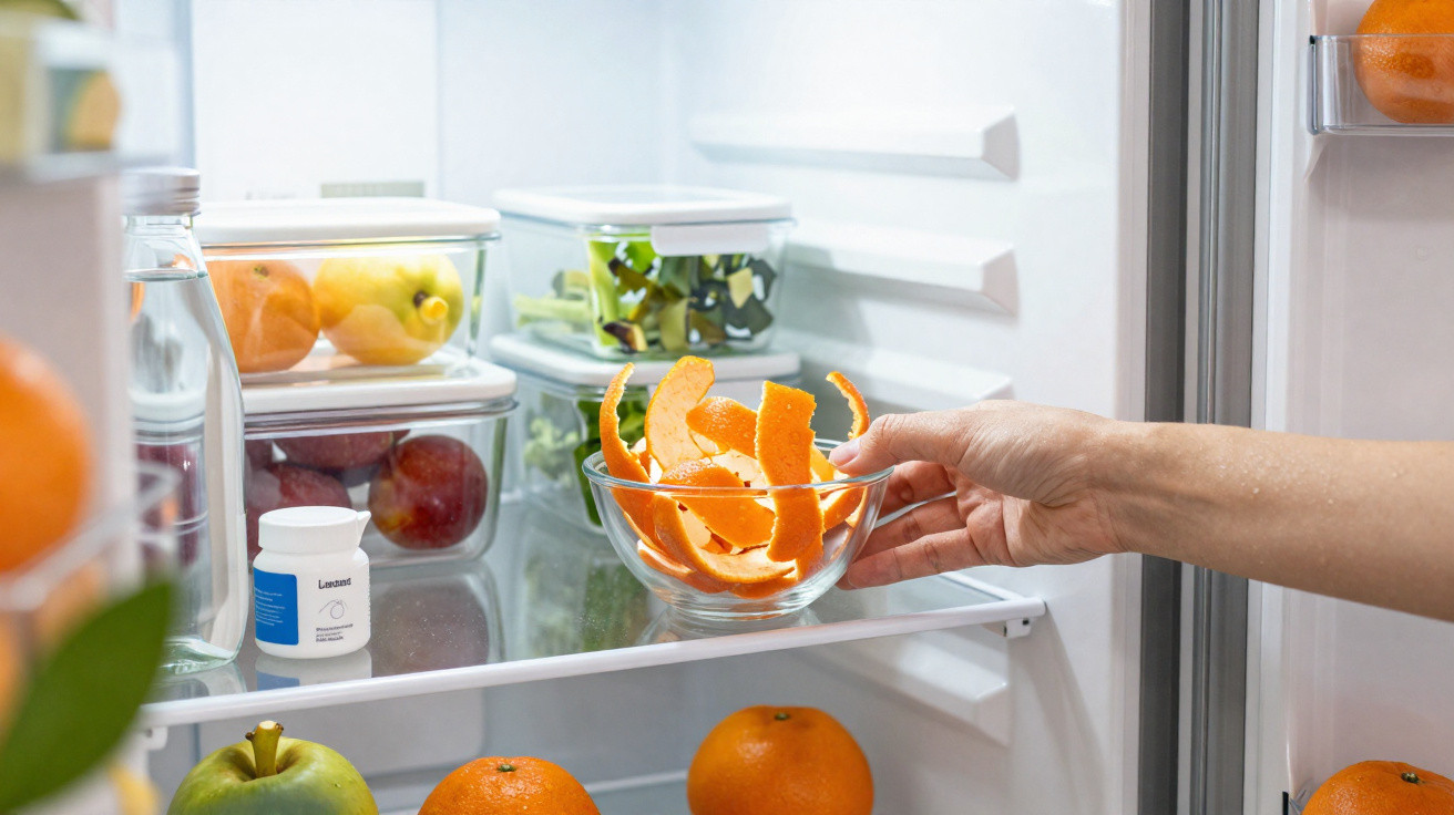 Mão a colocar taça com cascas de laranja na prateleira do frigorífico cheio de frutas e frascos.
