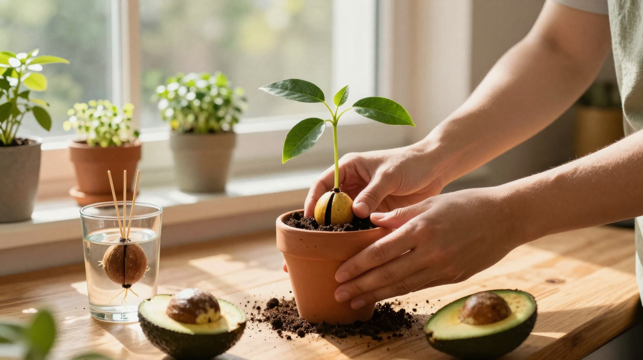 Mãos a plantar uma muda de abacate em vaso, com meio abacate cortado e vasos com plantas ao fundo.