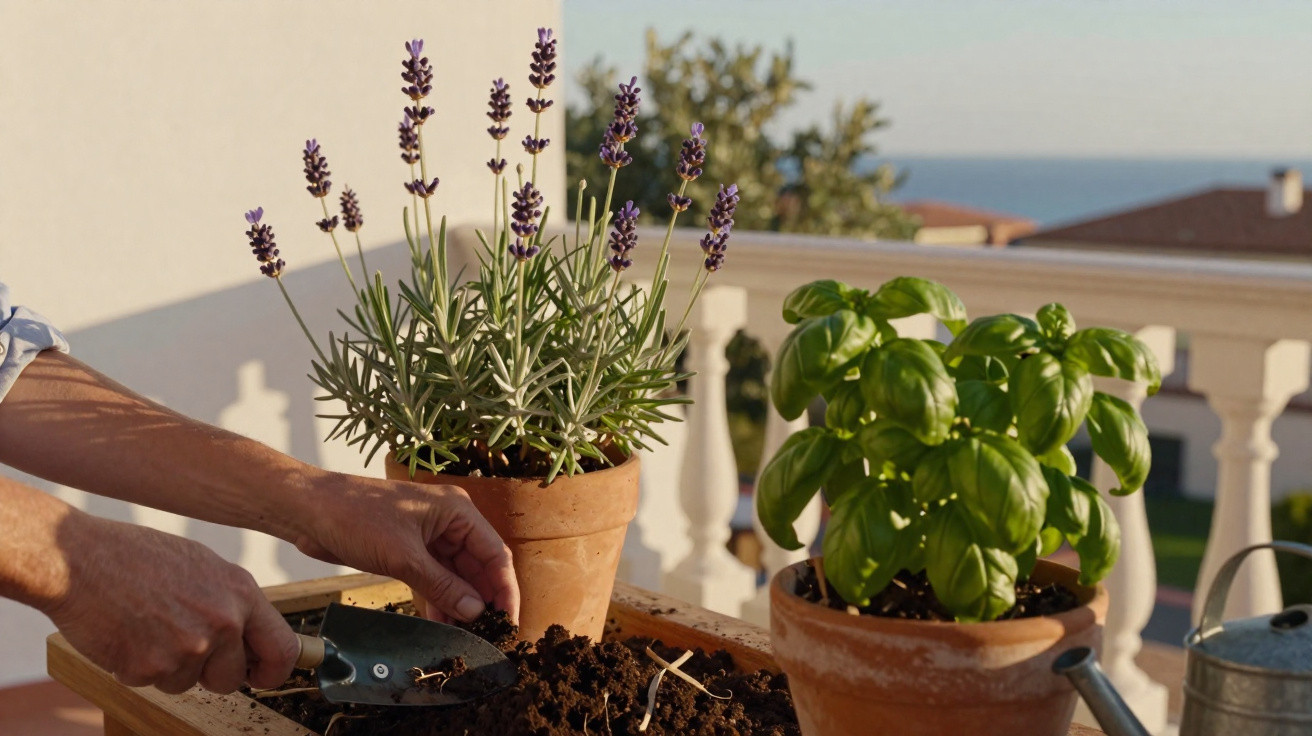 Mãos a cuidar do solo em vasos de barro com plantas de lavanda e manjericão numa varanda ao pôr do sol.