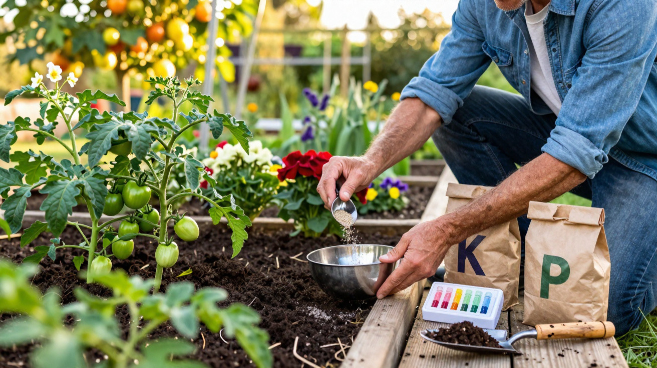 Homem a adicionar fertilizante a um recipiente no jardim ao pé de plantas de tomate e flores.