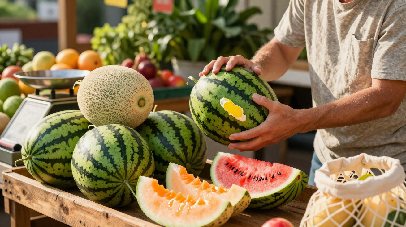 Mesa de madeira com melancias, melão e fatias de fruta ao ar livre e pessoa a segurar melancia.