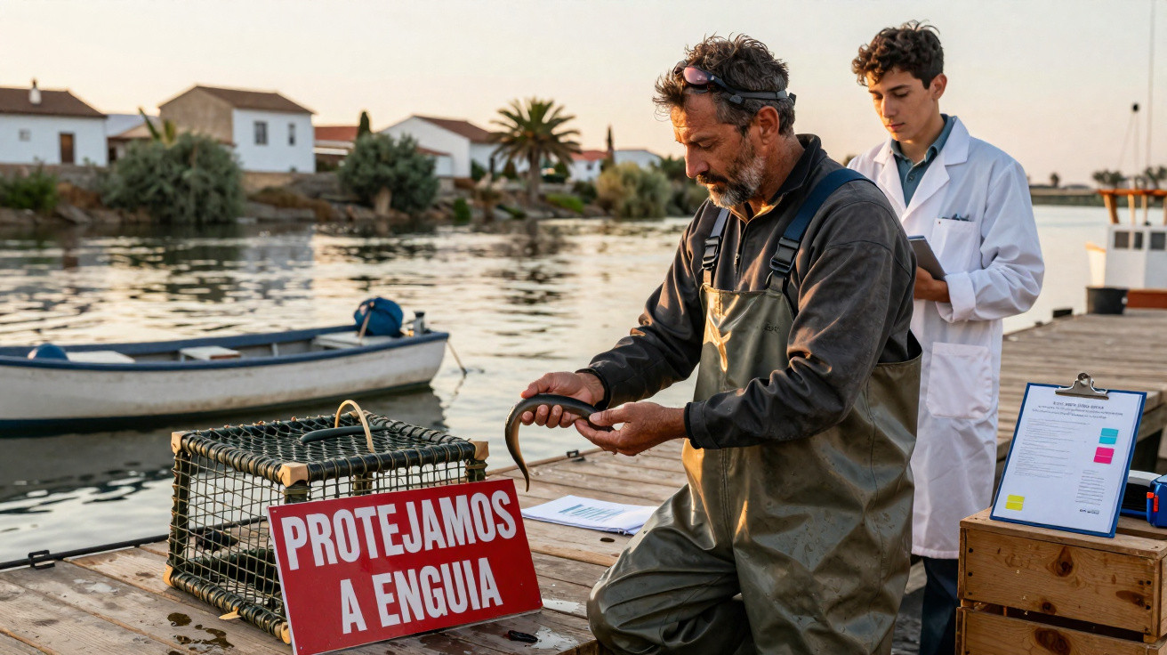 Homem segura enguia junto a rede e placa "PROTEJAMOS A ENGUIA", com técnico de bata branca e barco ao fundo.