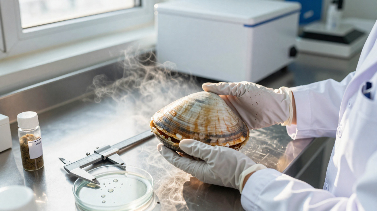 Mãos com luvas a segurarem uma concha grande num laboratório com instrumentos científicos.