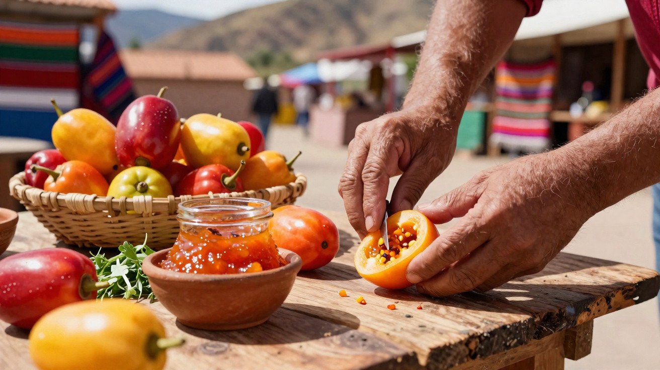 Mãos a retirar sementes de fruto laranja, com frascos de geleia e cesto de frutos variados numa mesa de madeira ao ar livre.