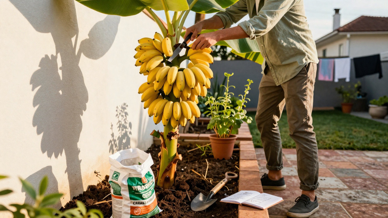 Pessoa a colher cachos de bananas maduras em horta caseira com ferramentas e fertilizante.