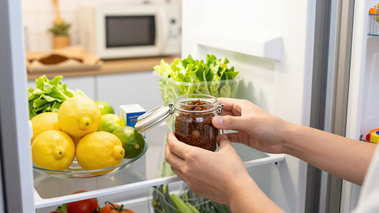Mãos a guardar frasco com café moído no frigorífico cheio de frutas e legumes frescos.