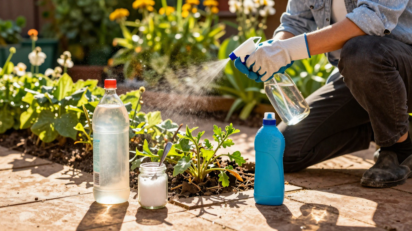 Pessoa a pulverizar plantas num jardim com produtos caseiros para controlo de pragas.