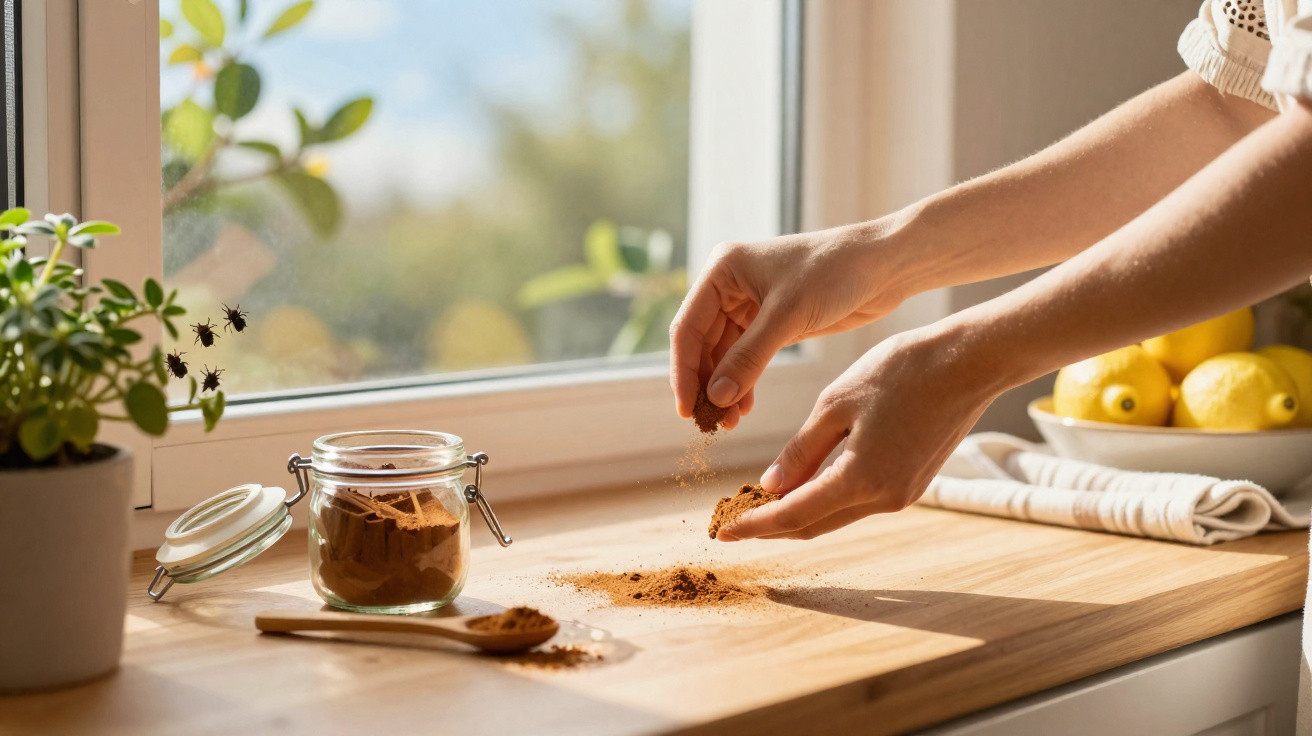 Mãos polvilhando especiarias num balcão de cozinha com frasco aberto, colher de pau, plantas e limões ao fundo.