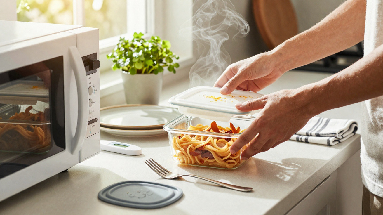 Mãos a colocar a tampa num recipiente com massa quente na cozinha, perto de micro-ondas.