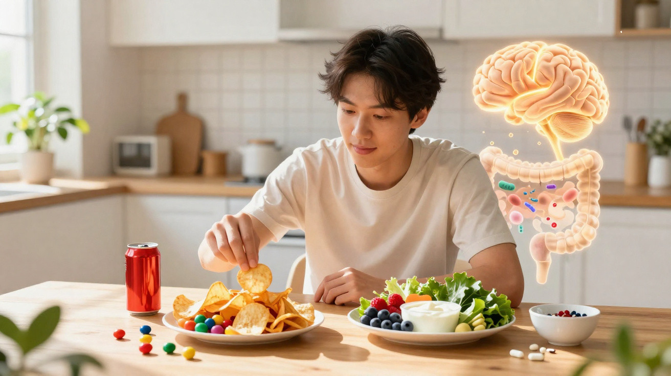 Jovem na cozinha a escolher entre batatas fritas e comida saudável, com ilustração do cérebro e intestino ao fundo.