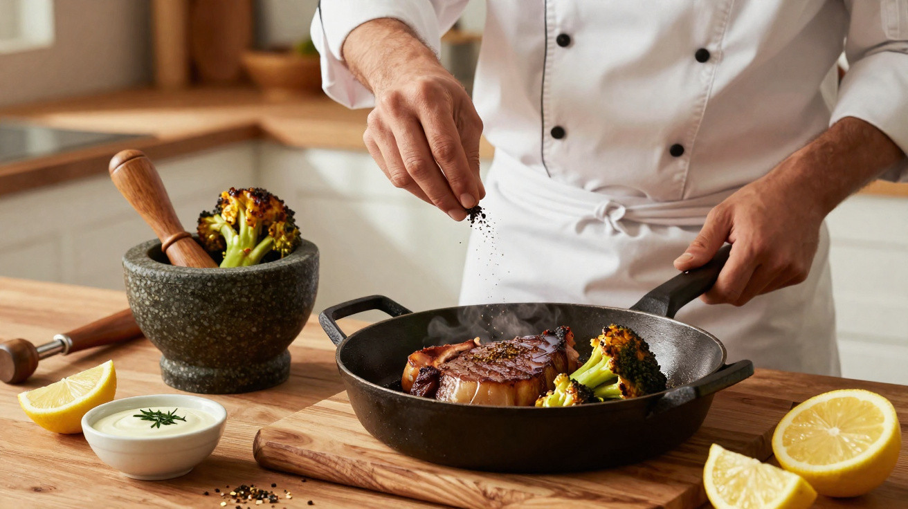 Chef tempera bife e brócolos numa frigideira preta numa cozinha moderna.