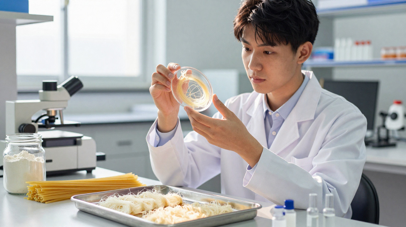 Cientista em laboratório examina placa de Petri com amostras de fios finos aparentando massa alimentar.