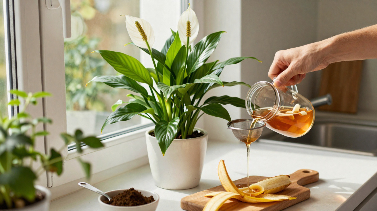 Pessoa a coar chá e a verter sobre casca de banana numa bancada de cozinha junto a plantas verdes em vaso branco.