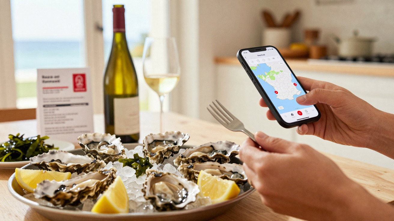 Prato de ostras com limão sobre mesa com garrafa de vinho, copo e mão segurando telemóvel e garfo.
