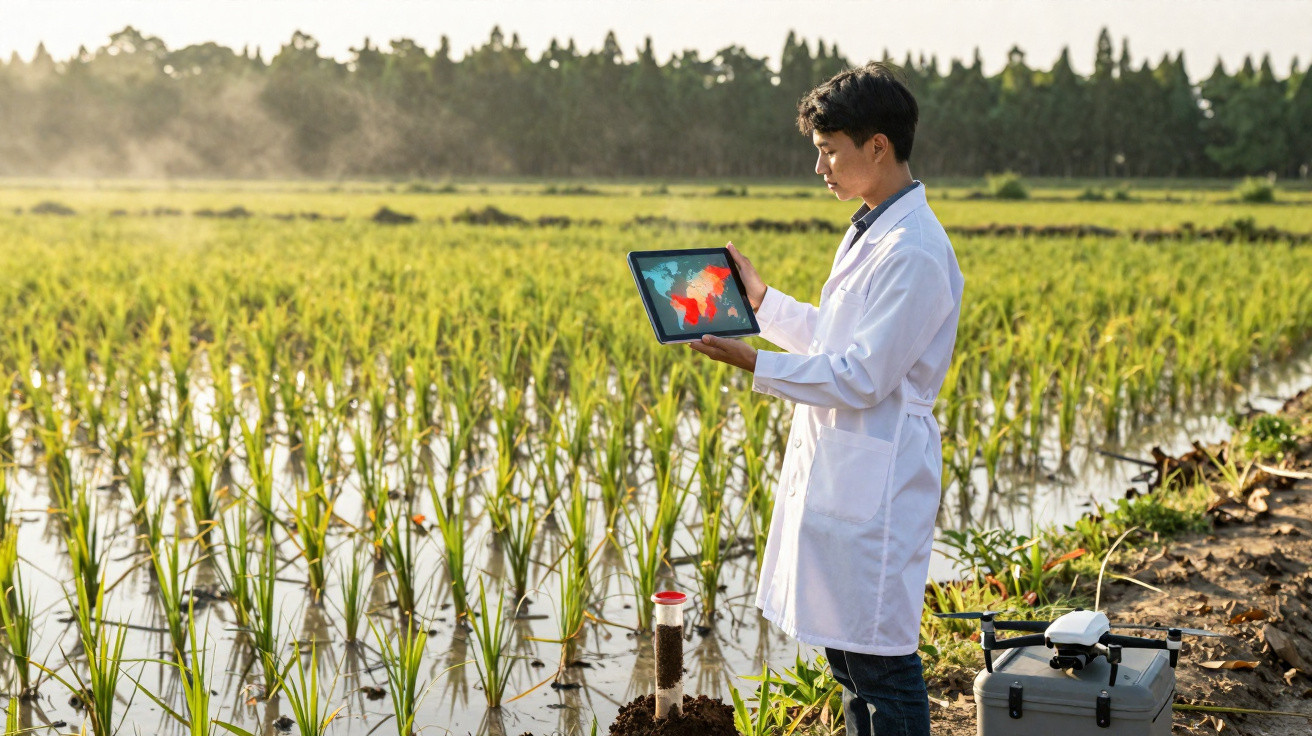Homem com bata branca usa tablet para analisar dados numa plantação de arroz ao ar livre.