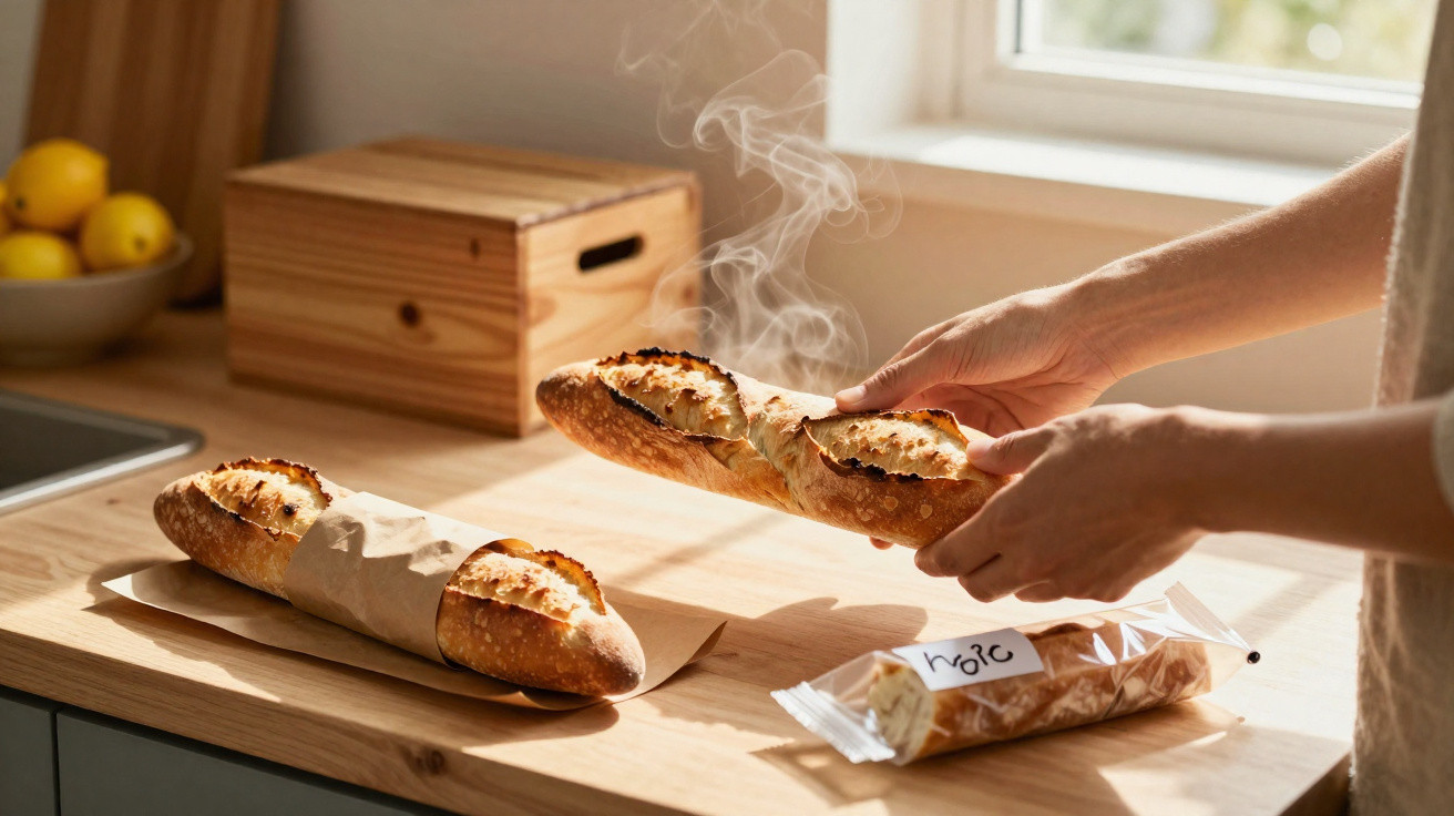 Mãos a segurar pão recém-saído do forno com vapor num balcão de cozinha iluminado pela janela.