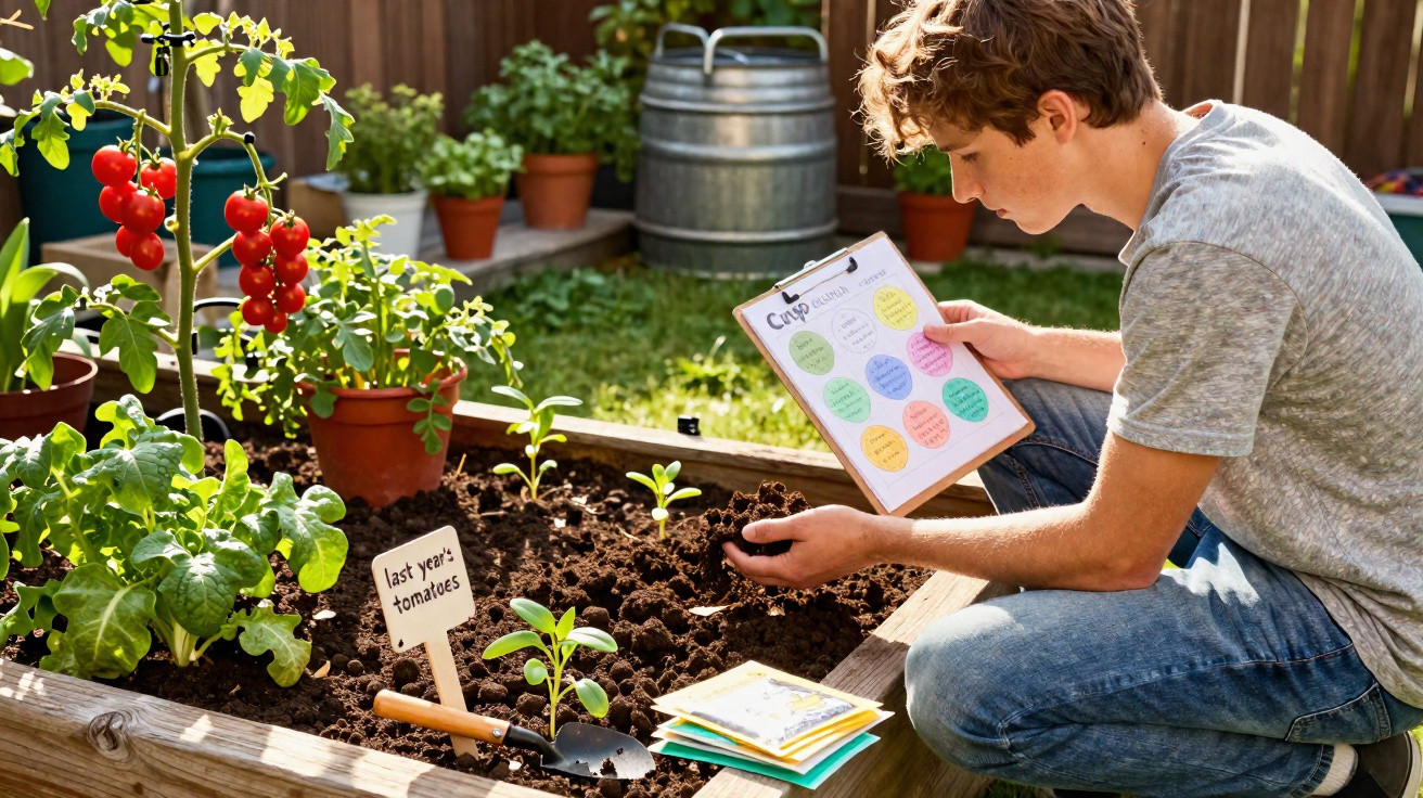 Jovem a cuidar de uma horta urbana com tomateiros, plantas e ferramentas de jardinagem num canteiro.