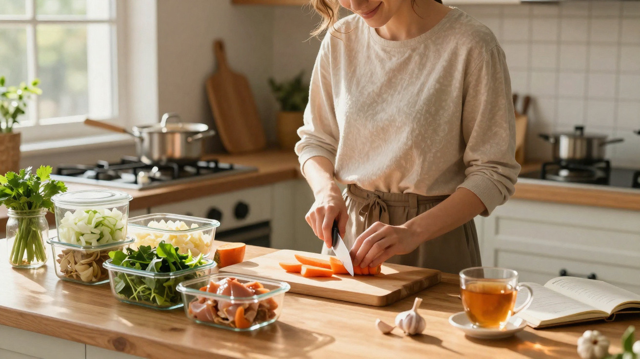 Mulher a cortar legumes numa cozinha iluminada com ingredientes frescos e chá sobre a bancada.