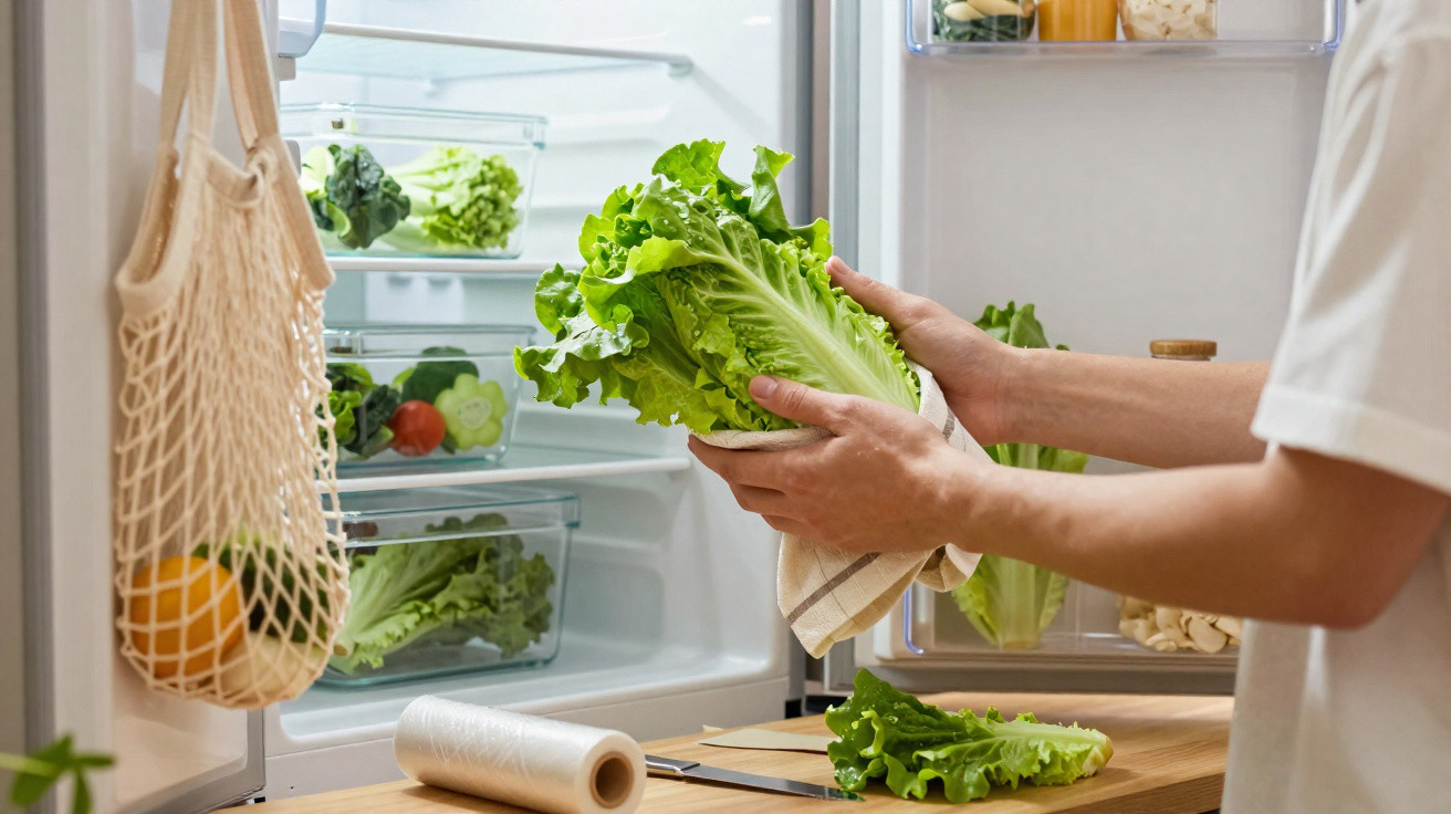 Pessoa a guardar alface fresca no frigorífico, com legumes e frutas visíveis nas prateleiras.