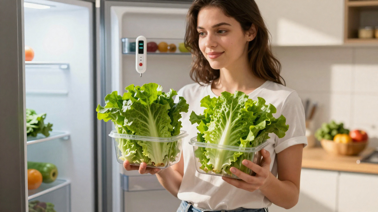 Mulher a guardar alfaces frescas em recipientes de plástico na cozinha, junto ao frigorífico aberto.