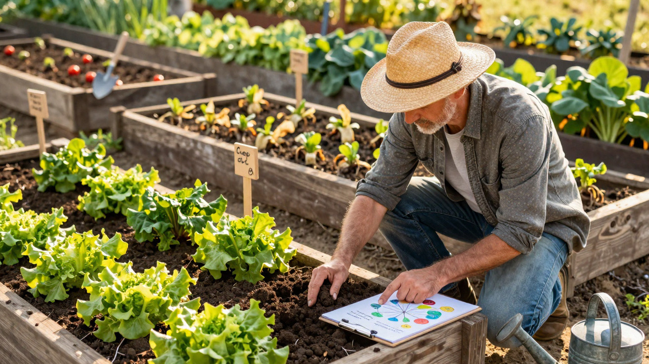 Homem com chapéu a inspecionar plantas num canteiro de alfaces numa horta cultivada.