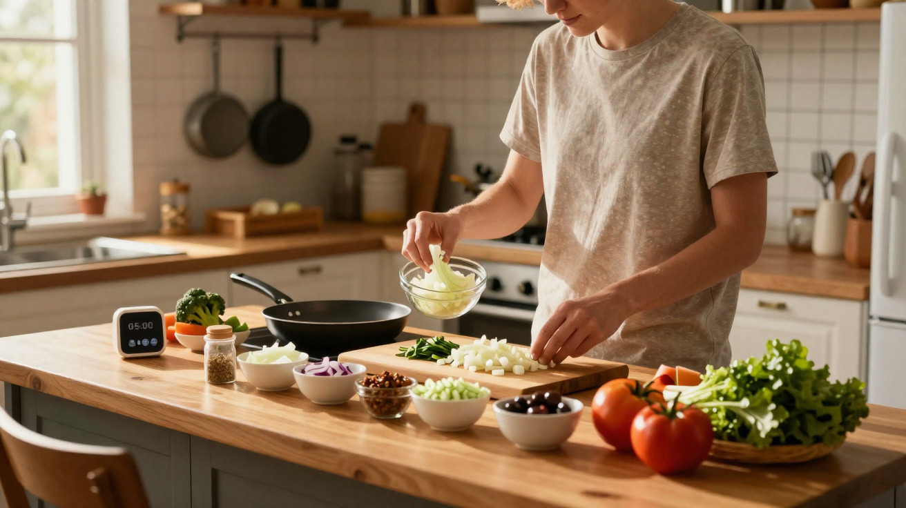 Pessoa a preparar legumes numa cozinha moderna, com vários vegetais e utensílios organizados na bancada de madeira.