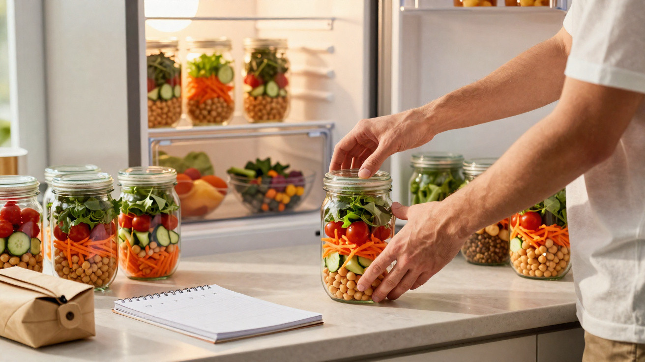 Pessoa a preparar saladas em frascos de vidro com legumes frescos numa cozinha moderna.