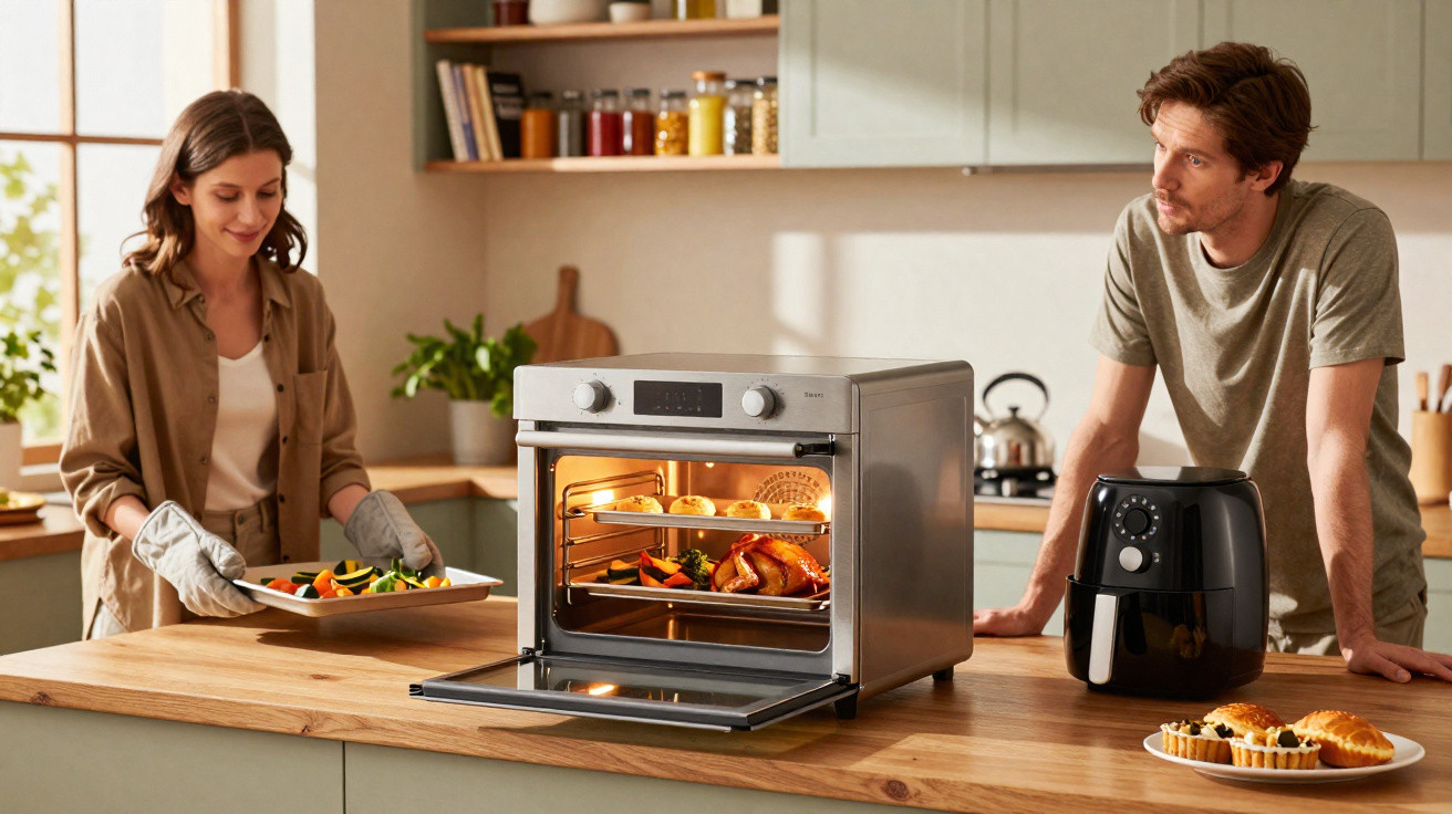 Casal na cozinha a cozinhar com forno elétrico e fritadeira air fryer sobre a bancada de madeira.