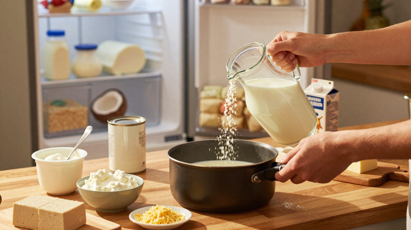Pessoa a deitar leite e temperos numa panela numa cozinha com diversos ingredientes sobre a mesa.