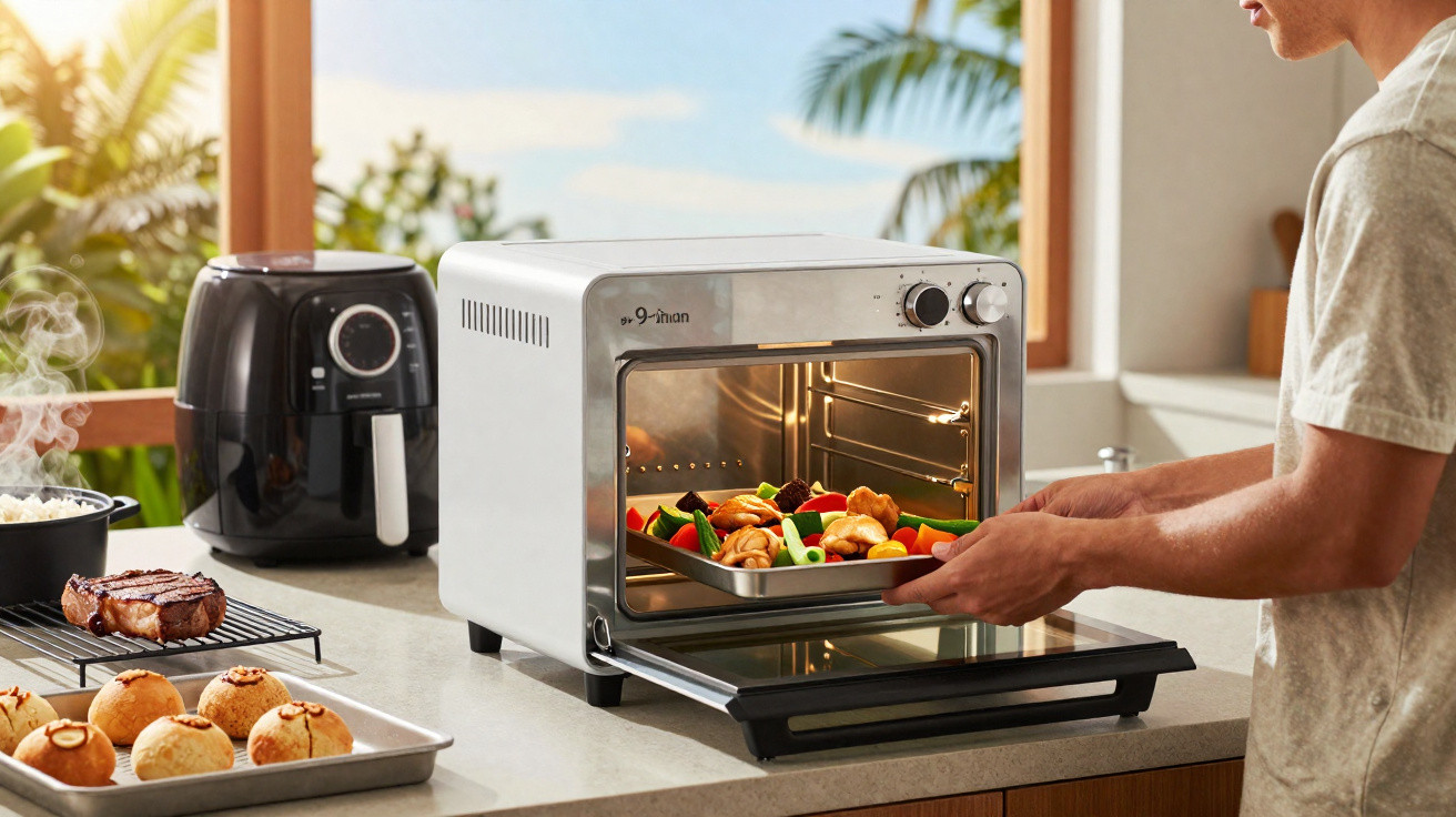 Pessoa a retirar tabuleiro com legumes e croissants do forno elétrico numa cozinha iluminada.