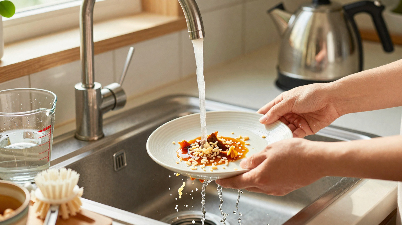 Pessoa a lavar um prato branco com molho e pinhões numa pia de cozinha moderna.