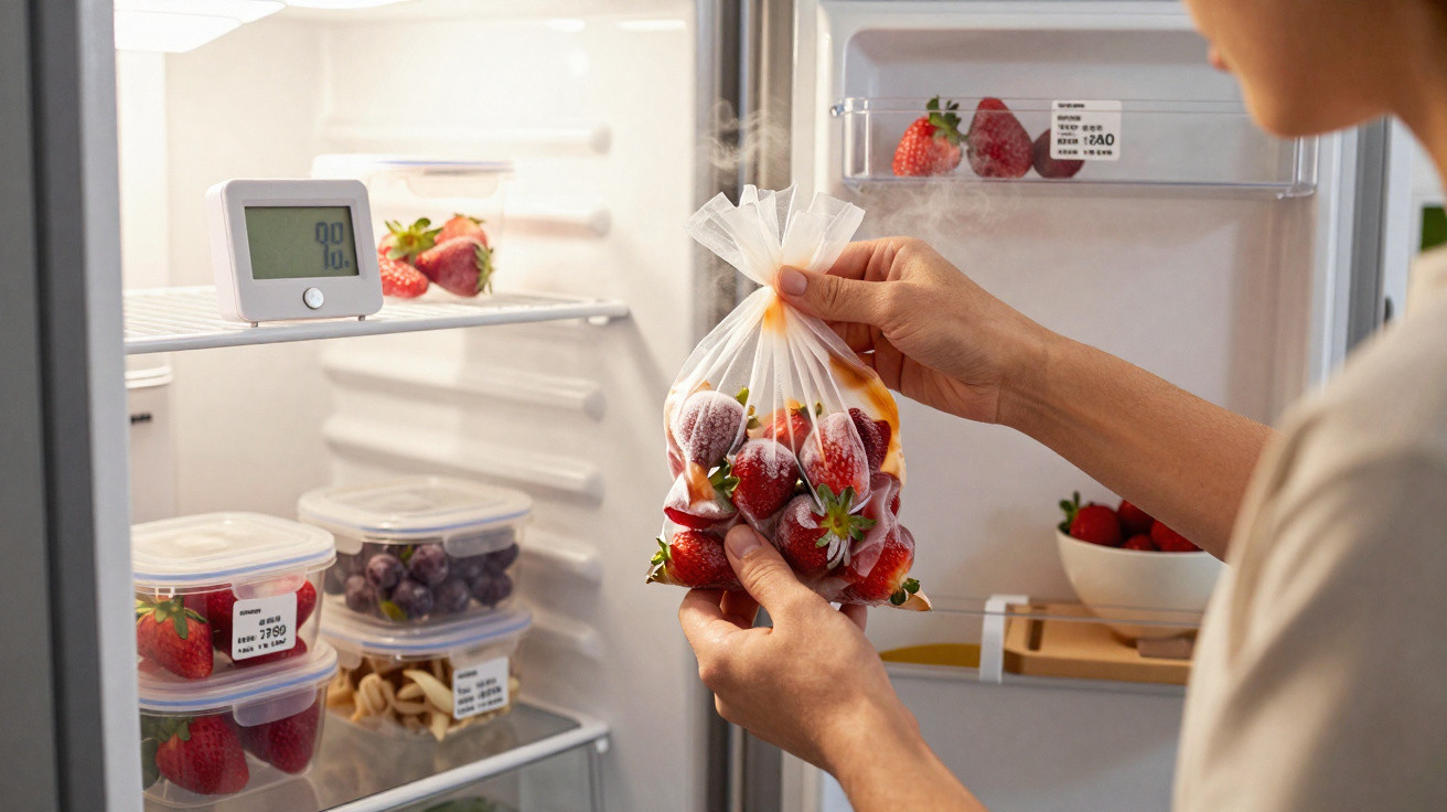 Pessoa a guardar morangos congelados num saco dentro de frigorífico com outros alimentos em recipientes transparentes.