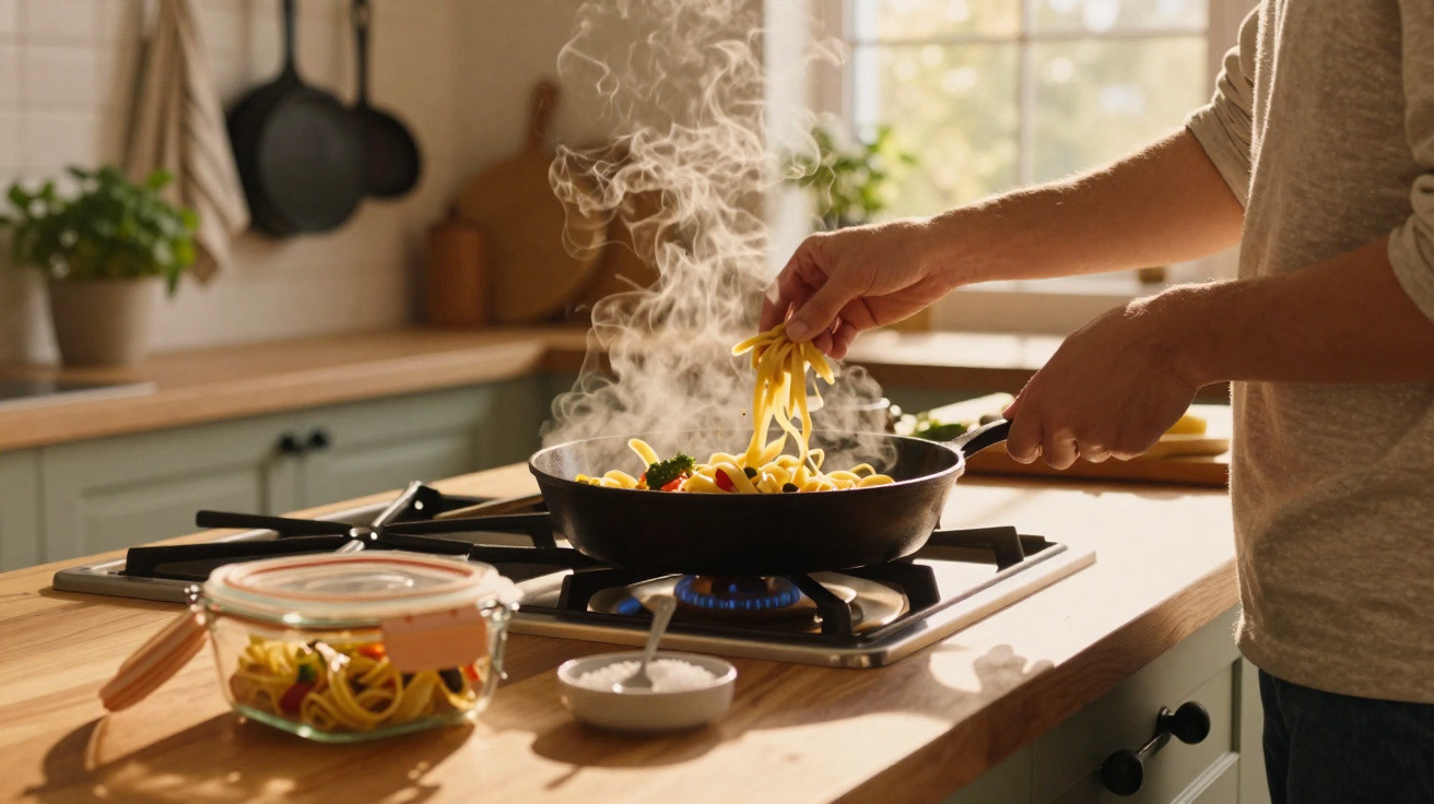Pessoa a cozinhar massa com legumes numa panela a ferver num fogão a gás numa cozinha iluminada.